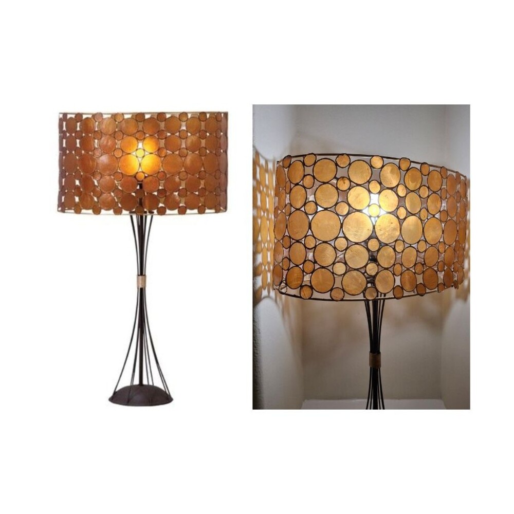 TAROGO Mid-Century 70s Brutalist Table Lamp WORKS Capiz Shell Shade Metal Base